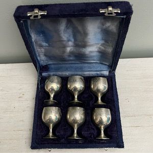 Vintage Silver Plated Mini Etched Set of Six Goblets In Original Plush Lined Box